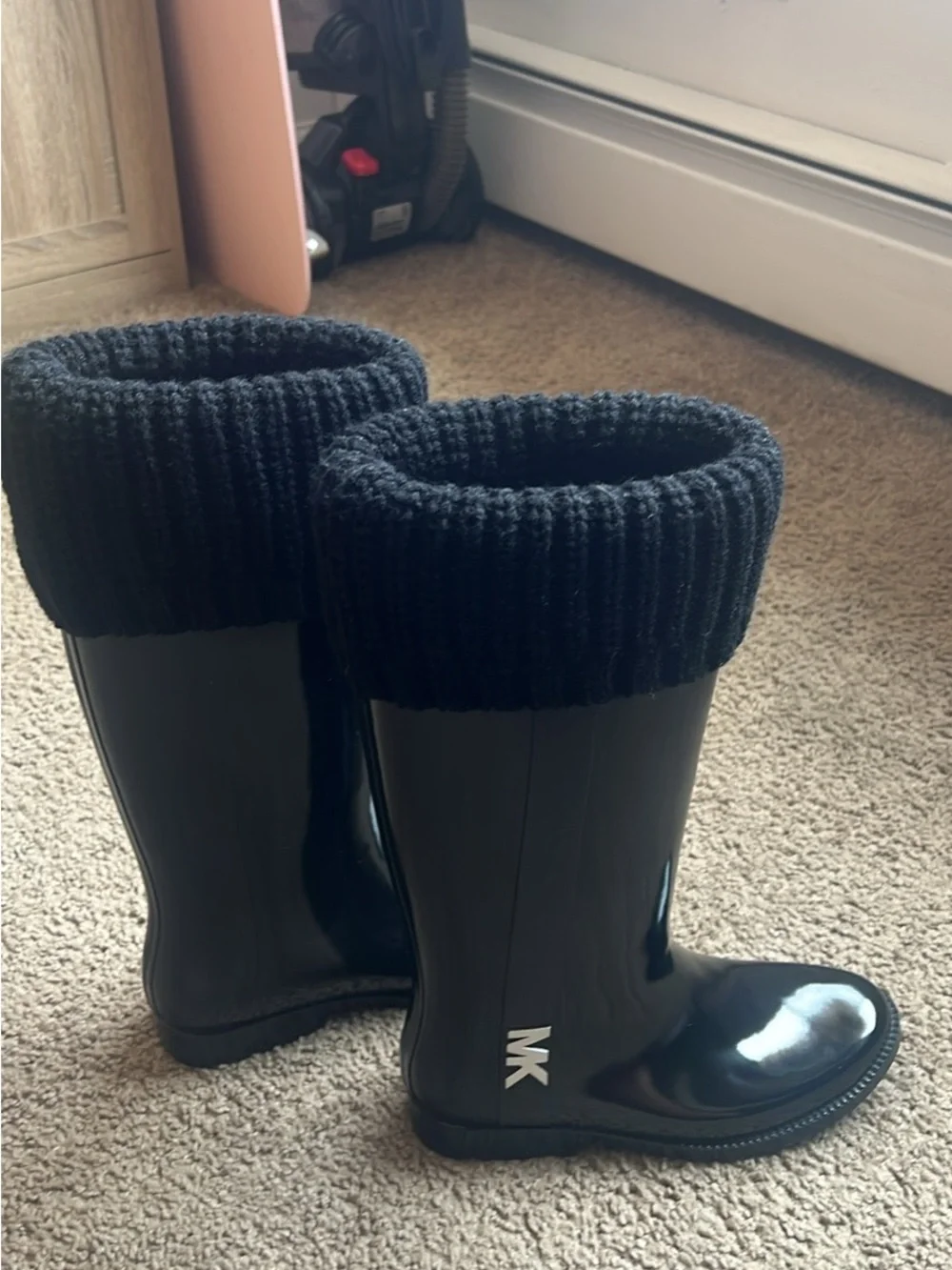Michael Kors Black Glossy Rain Boots with Knit Cuff